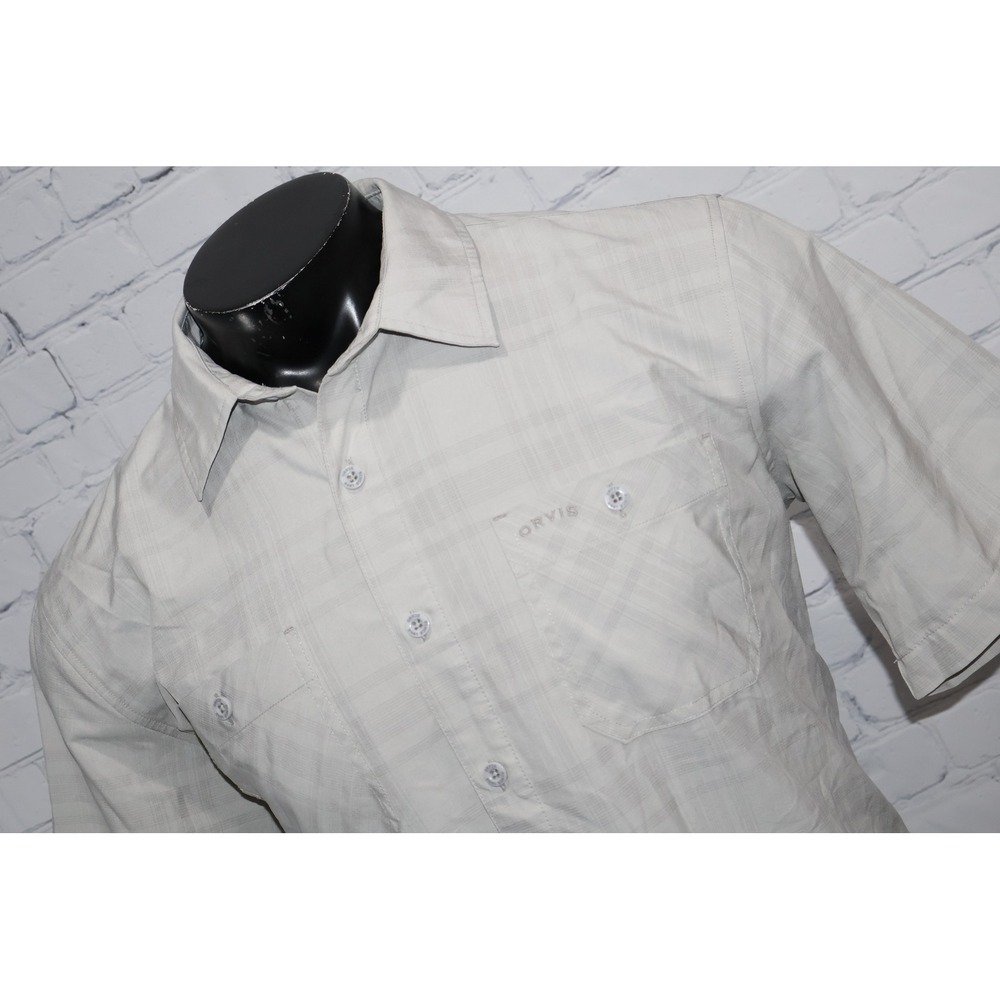 Orvis Button Down Mens Large Gray Plaid Short Sleeve Outdoor Hiking Shirt